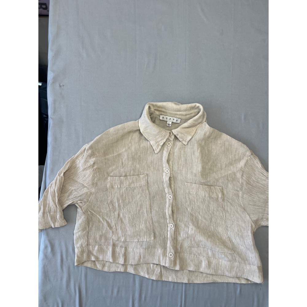 Hyfve Women Beige Textured Cropped Button Down Shirt Large HF22A963 Boxy Pocket